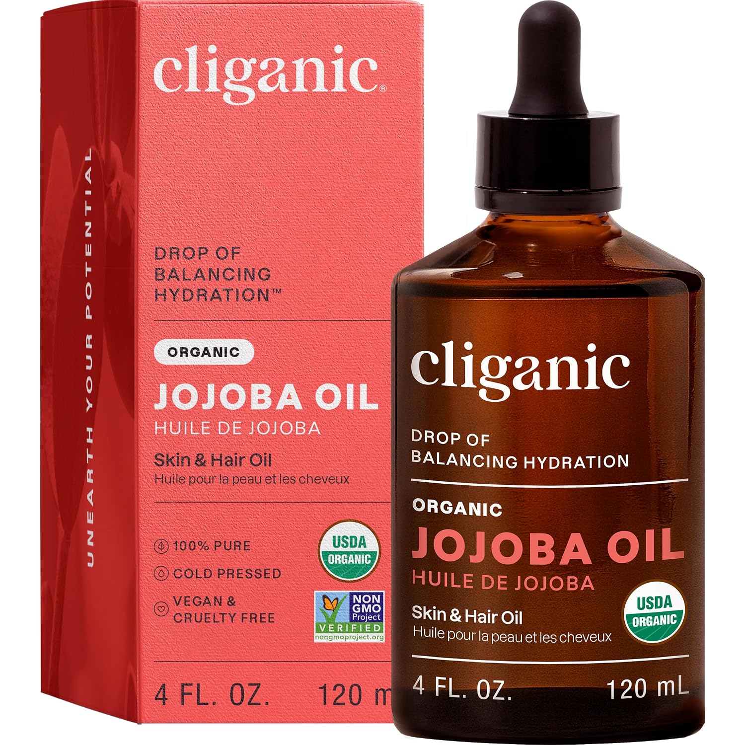 Cliganic Organic Jojoba Oil, 100% Pure (4Oz) | Moisturizing For Face, Hair, Skin & Nails | Natural Cold Pressed Hexane Free | Base Carrier Oil