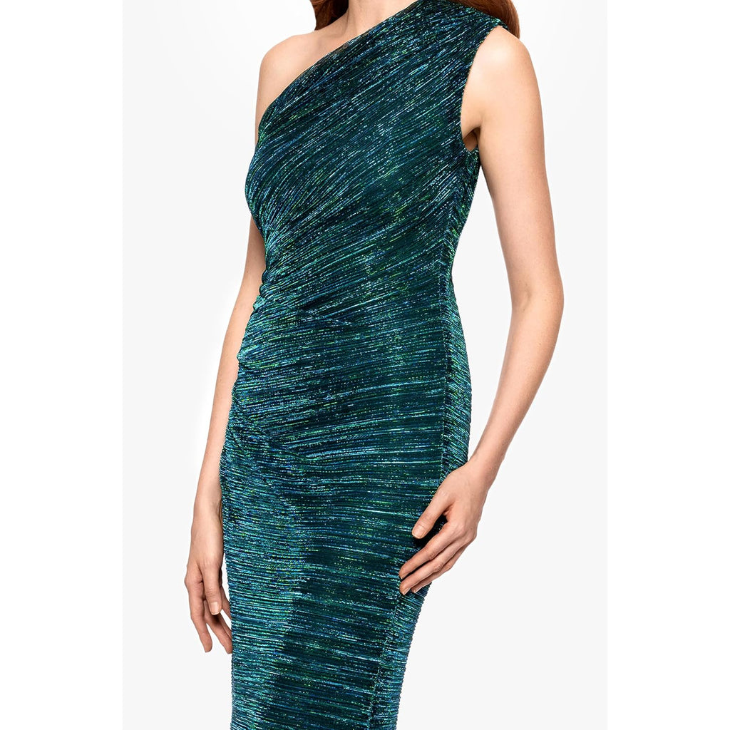 Betsy & Adam Women'S One Shoulder Metallic Knit Evening Gown