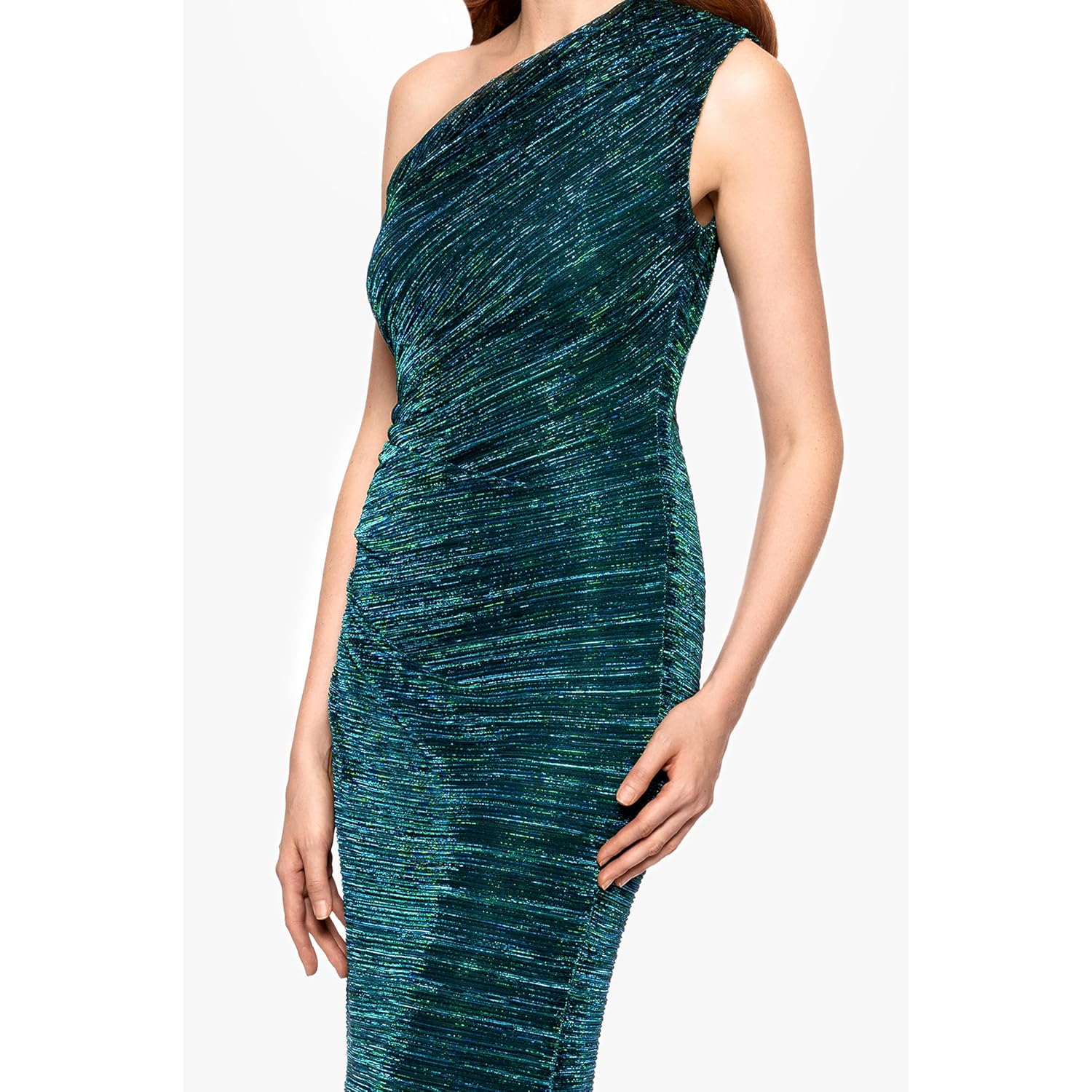 Betsy & Adam Women'S One Shoulder Metallic Knit Evening Gown