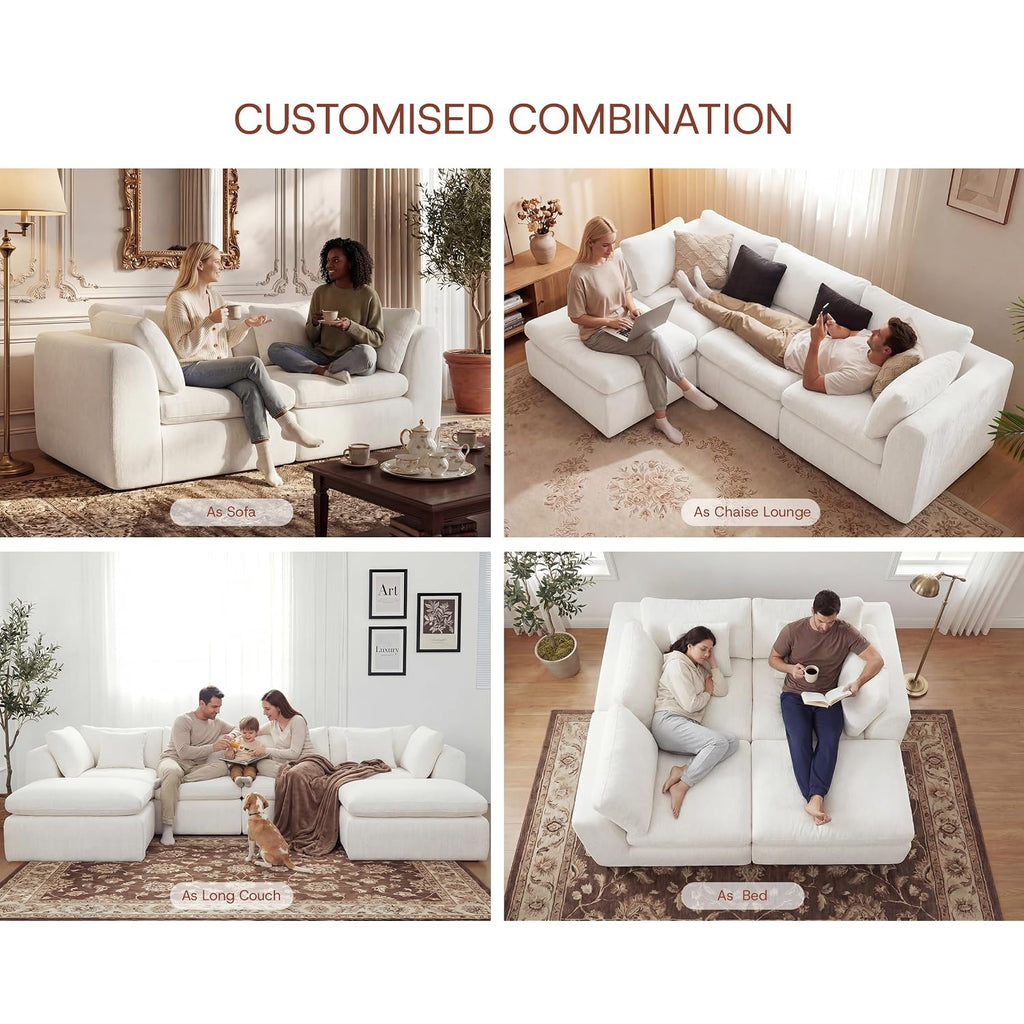 110'' Oversized Boneless Cloud Couch For Living Room, Modern Big Sectional Compressed L Shape Couch With Ottoman, Comfy Chenille Deep Seat Memory Foam Spineless 4 Seater Sofa, Beige