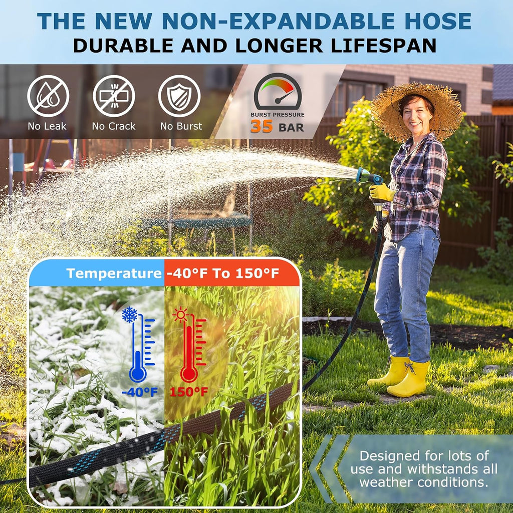 Non-Expanding Garden Hose 100 Ft, Kink Free Flexible Water Hose With 10-Pattern Spray Nozzle, Lightweight Hose Pipe, Leak Proof, 3/4" Swivel Connectors, Super Fabric, Portable Storage Strap