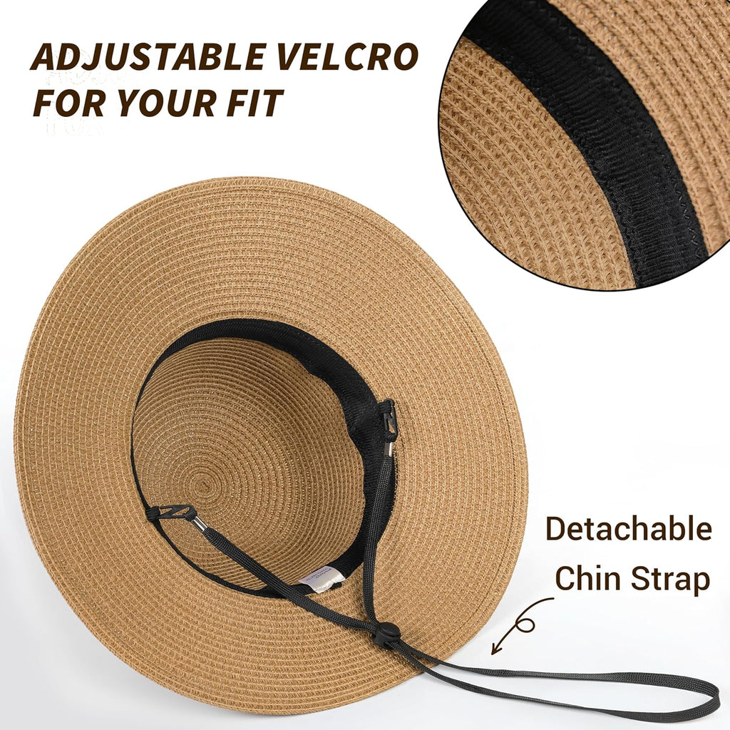 Womens Beach Sun Straw Hat - UV Protection UPF 50+ Sun Hats for Women with Wide Brim, Straw Beach Hat for Women