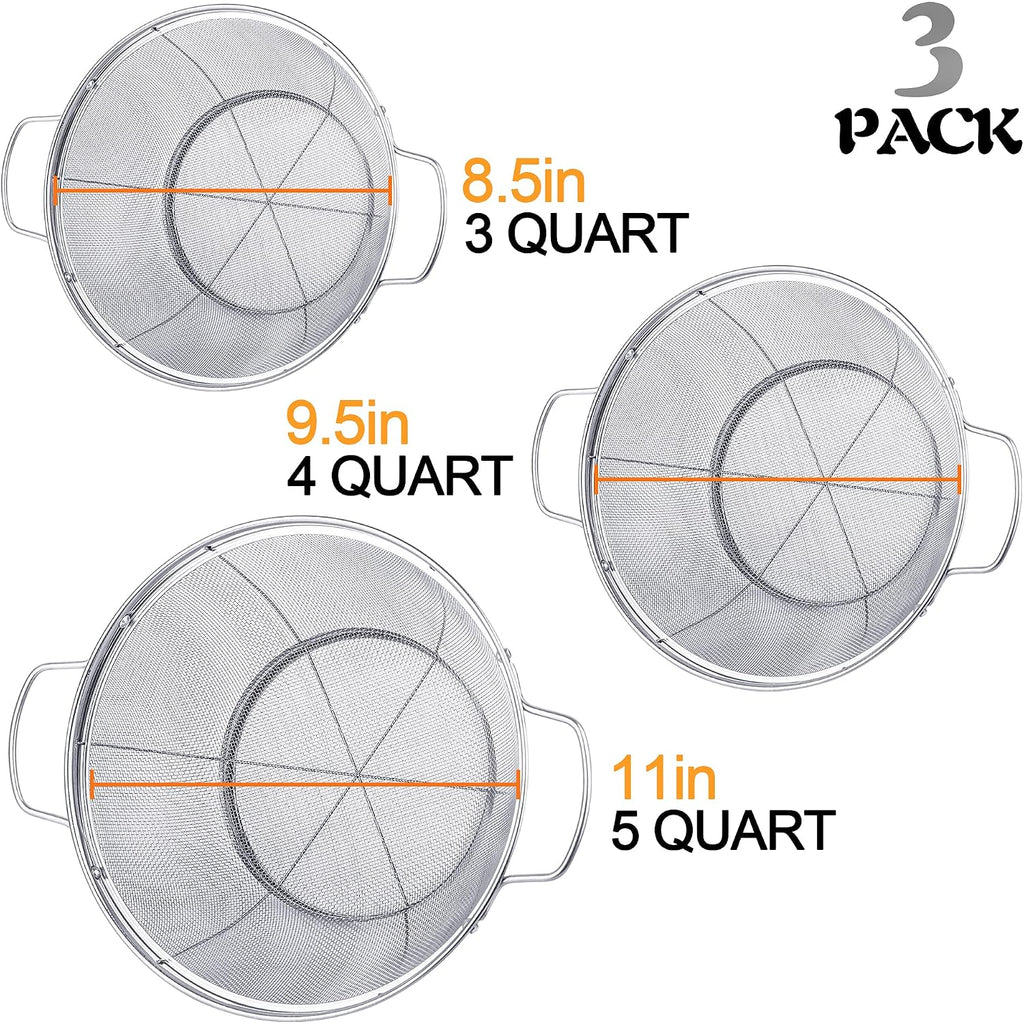 3 Pack 18/8 Stainless Steel Colander Sieves(5-Quart, 4-Quart And 3-Quart), Mesh Strainer Net Baskets With Handles & Resting Base For Strain, Drain, Rinse Or Steam