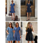 Simplee Womens Summer Denim Dress Casual Short Sleeve Tiered Mini Jean Dresses Western Cowgirl Country Outfits With Pockets