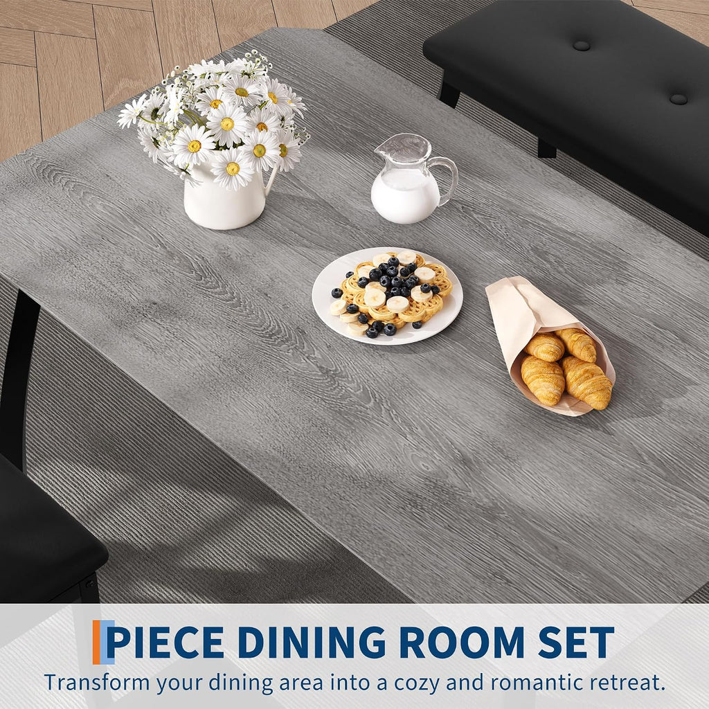 Idealhouse 43'' Dining Table Set For 4, Wooden Kitchen Table With Upholstered Bench & 2 Cushion Chairs, Industrial Dinette Set For Studio, Kitchen, Dining Room, Apartment, Gray