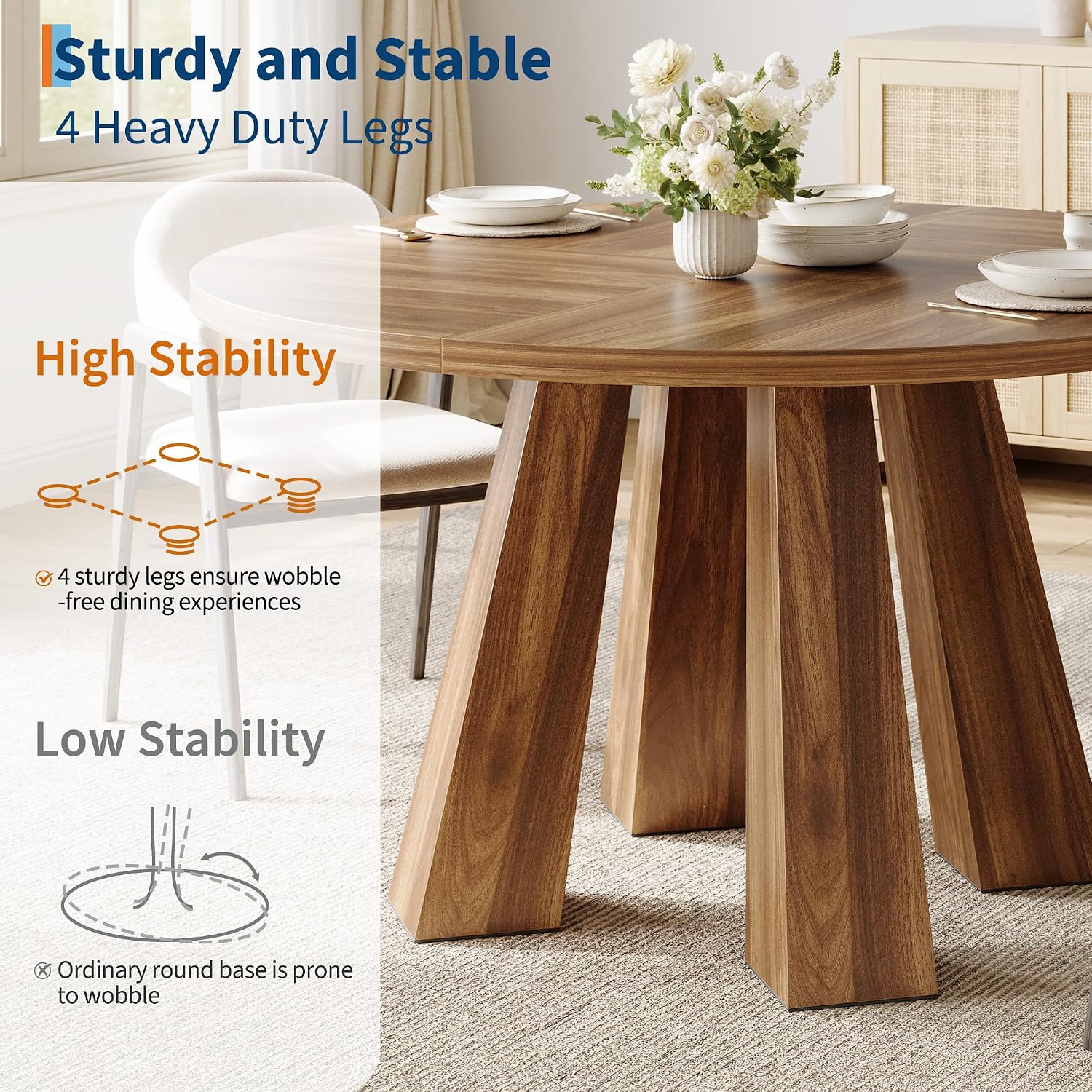 Idealhouse 47" Round Dining Table For 4-6, Farmhouse Wood Kitchen Table | Accent Furniture With Wooden Tabletop & 4 Sturdy Legs, Circle Dinner Table For Dining Room, Living Room, Walnut