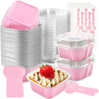 NPLUX 50 Pcs Mini Cake Pans with Lids and Spoons Aluminum Foil Mini Square Baking Cups with Lids Disposable Ramekins Cake Pans Dessert Cups for Wedding(Pink,5oz)