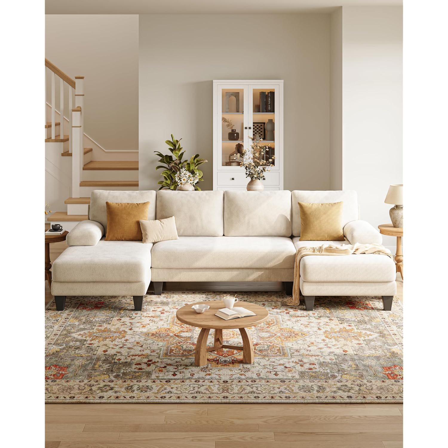 U-Shaped Sectional Couches For Living Room | 112 Inch Modern Sectional Couch | Warm White Chenille Sofa With Double Chaise For Apartment