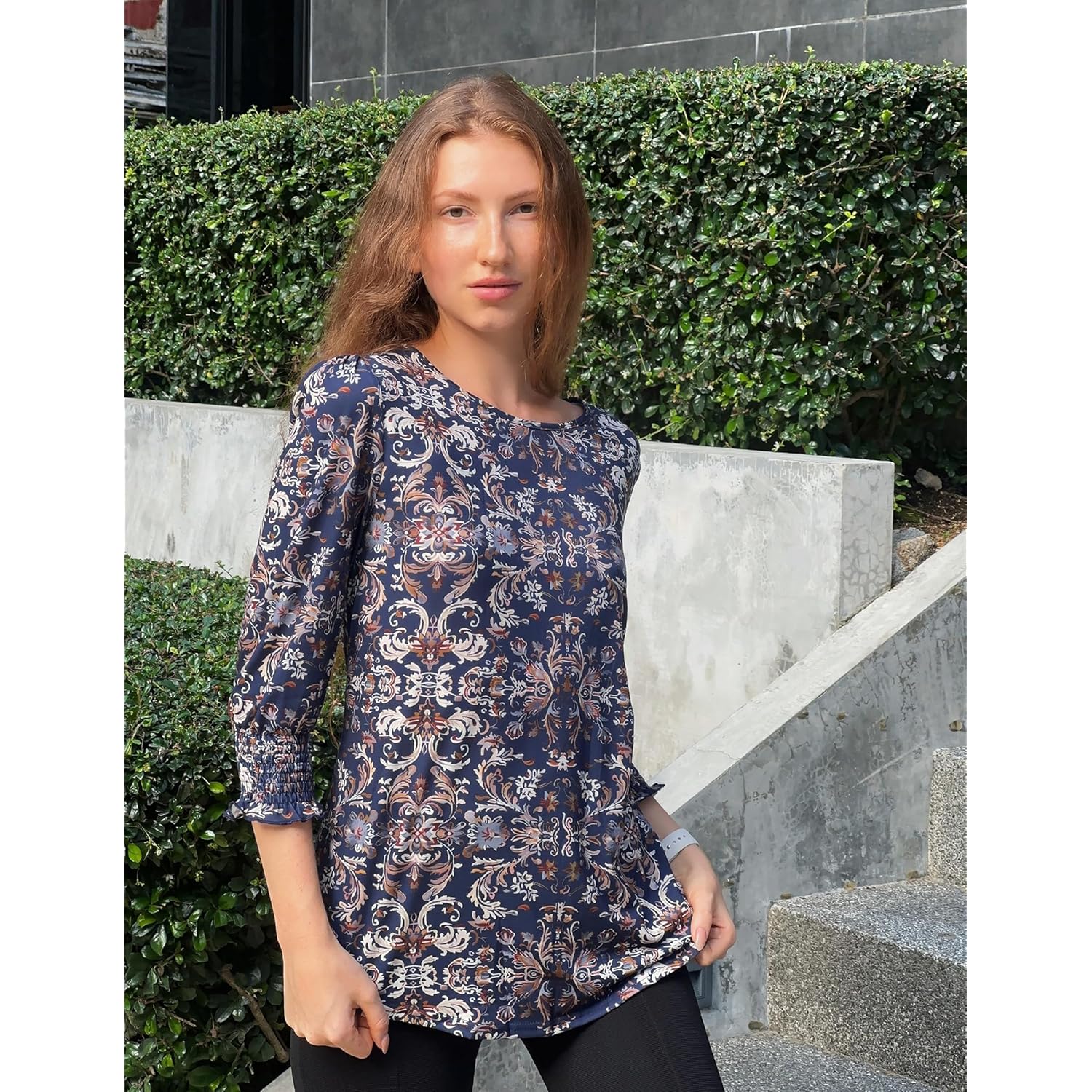3/4 Length Sleeve Blouse Pleated Tops Tunics for Women Dressy Shirt Business Casual