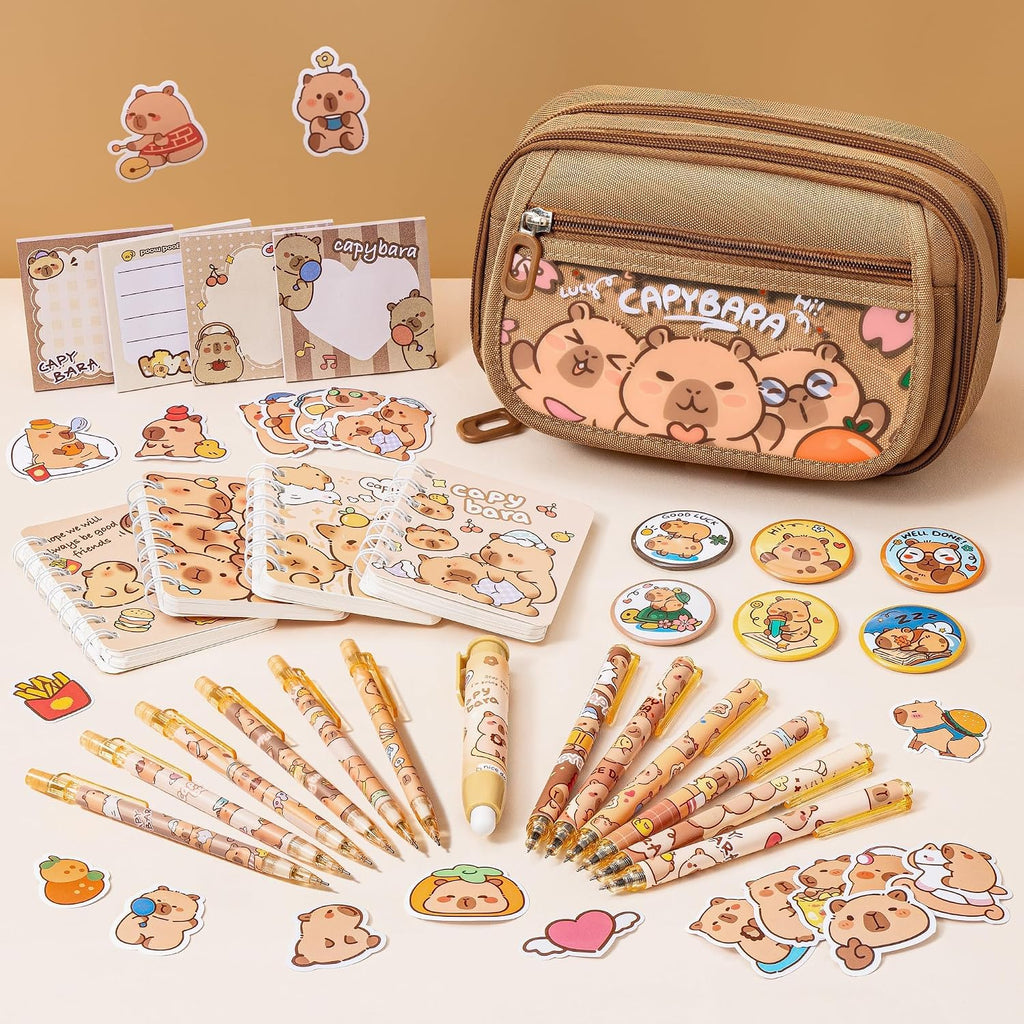 Fimibuke Capybara Backpack For School Girls, 30Pcs Capybara School Supplies | Stationery Set With Bookbag Pencil Case Pins Gel Pens Pencils Notebooks For Back To School Kindergarten Elementary Student