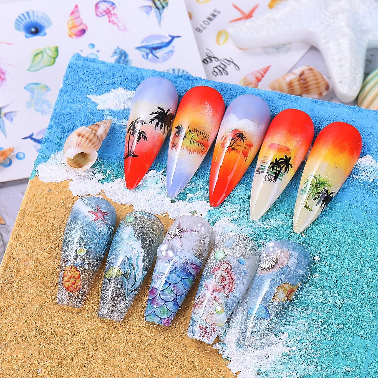 Ocean Nail Stickers Water Decals 24 PCS Marine Life Water Decals for Nails Jellyfish Seashell Turtle Starfish Design DIY Summer Nail Art Decoration Manicure Watermark Supplies for Women