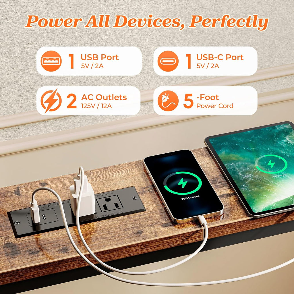 Superjare 102 Inch Sofa Table With 2 Power Outlets And Usb-C Ports, 5.9 Inch Narrow Console Table With Storage, Extra-Long, For Entryway Hallway Couch Behind Sofa, Small Spaces, Rustic Brown