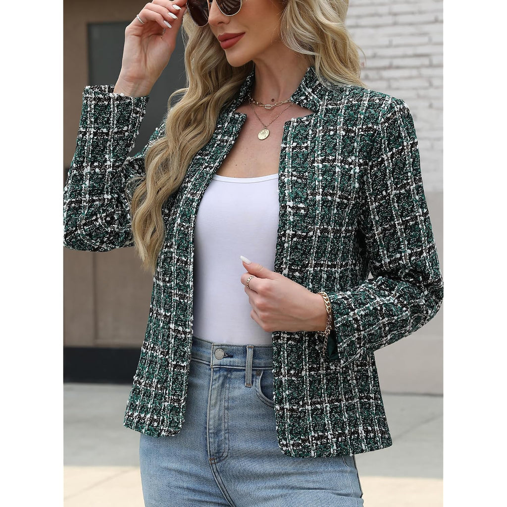 Elleven Womens' Tweed Open Front Blazer Long Sleeve Jacket Notch Collar Fully Lined Casual Business Work Office Coat