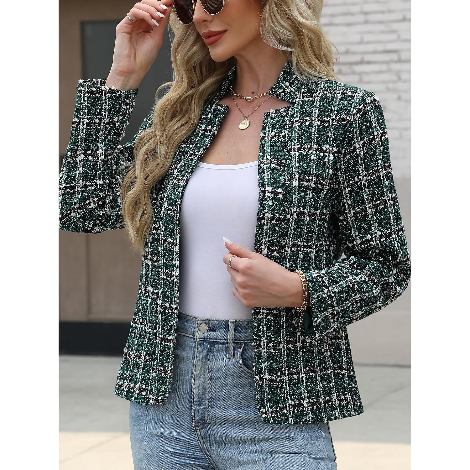 Elleven Womens' Tweed Open Front Blazer Long Sleeve Jacket Notch Collar Fully Lined Casual Business Work Office Coat