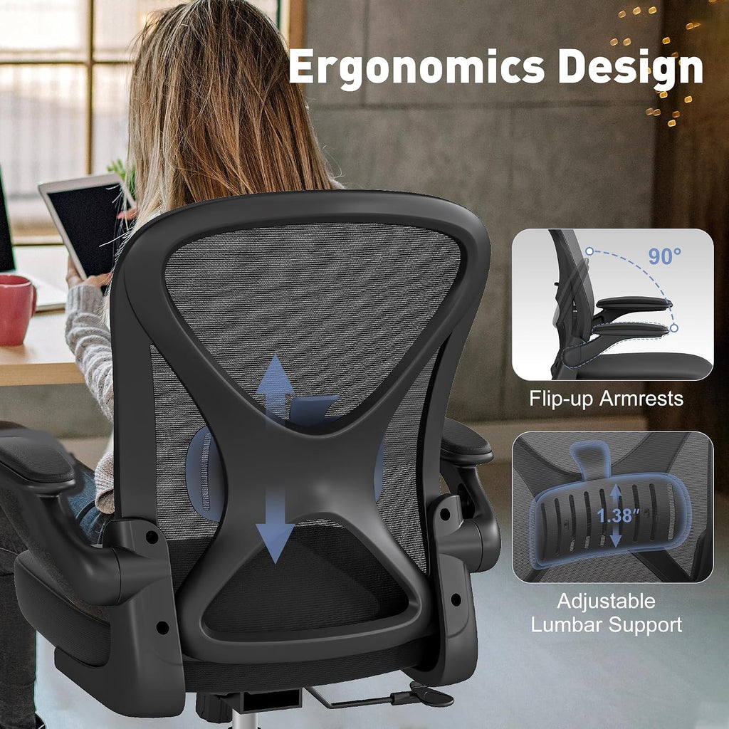 Ergonomic Office Chair With Adjustable Lumbar Support, 300 Lbs Swivel Desk Chair With Flip-Up Arms, Mesh Comfy Padded Seat For Computer And Home, Black