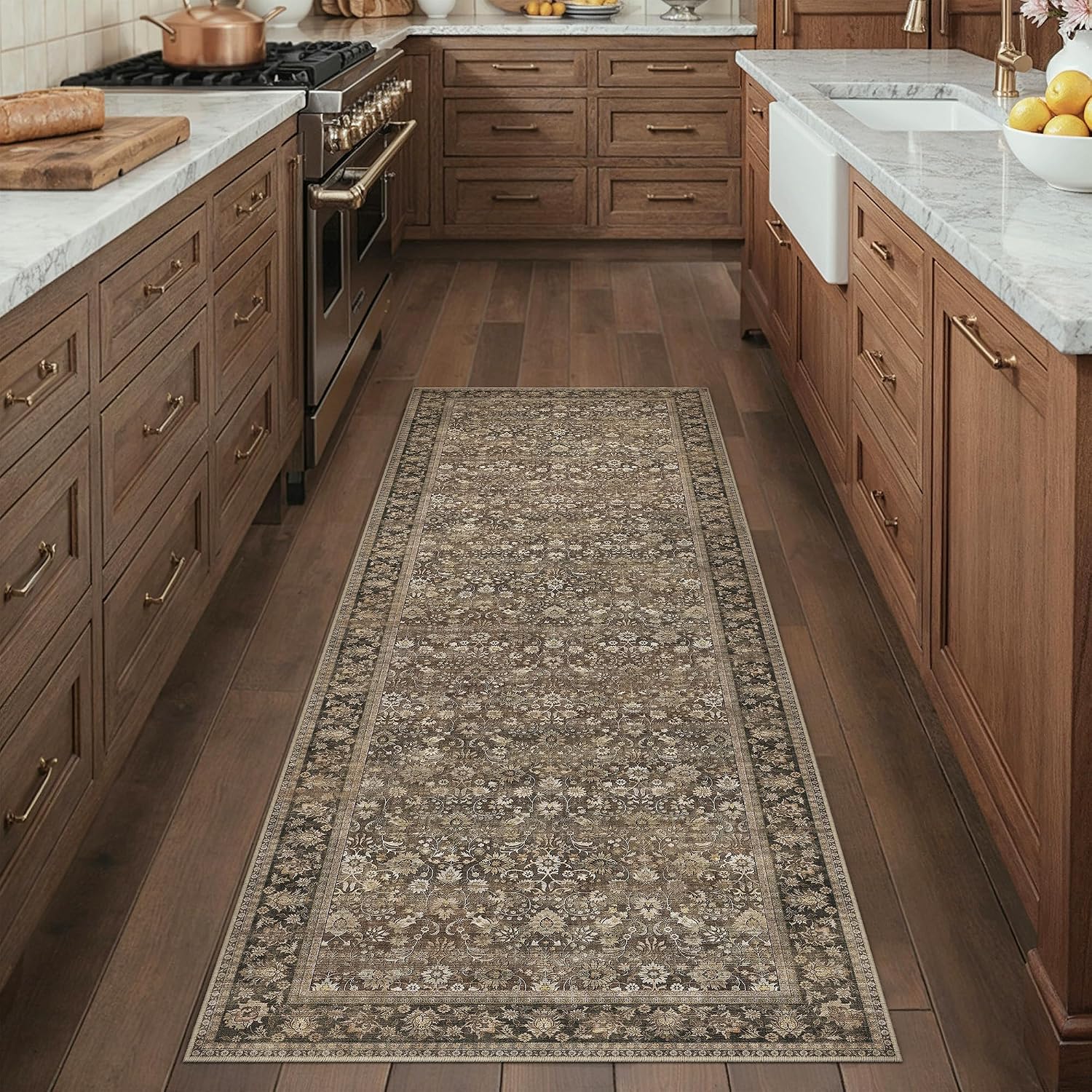 2X6 Runner Rug Machine Washable Brown Hallway Area Rugs Indoor Accent Rugs Floral Low Pile Carpet Distressed Throw Rug Bedroom Living Room Office Dining Kitchen Laundry Non Slip