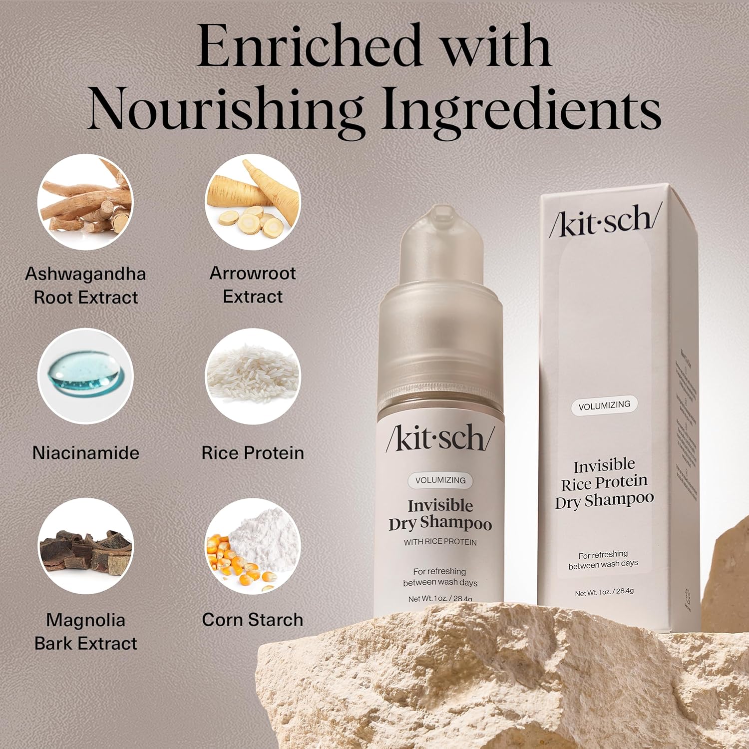 Kitsch Volumizing Rice Protein Dry Shampoo Powder - Dry Shampoo for Women & Men, No White Cast, Absorbs Oil, Non-Greasy, Light-to-medium Hair Colors, Travel Size | Ideal Gifts for Women- Invisible 1oz