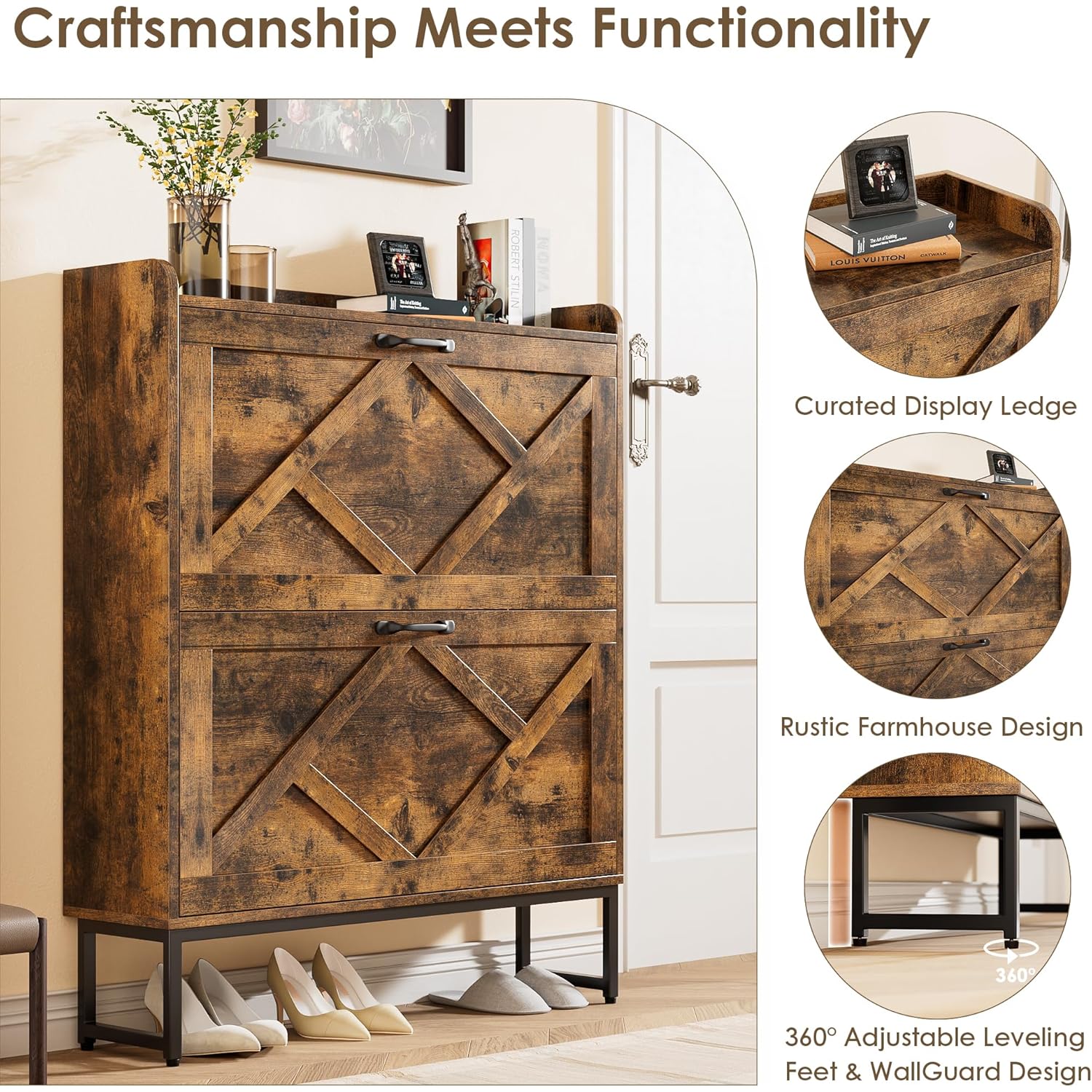 Nicetree Shoe Cabinet Organizer with 2 Flip Drawers, Freestanding Narrow Rack with Metal Legs, Farmhouse Slim Shoe Storage for Entryway, Foyer, Hallway, Rustic Brown