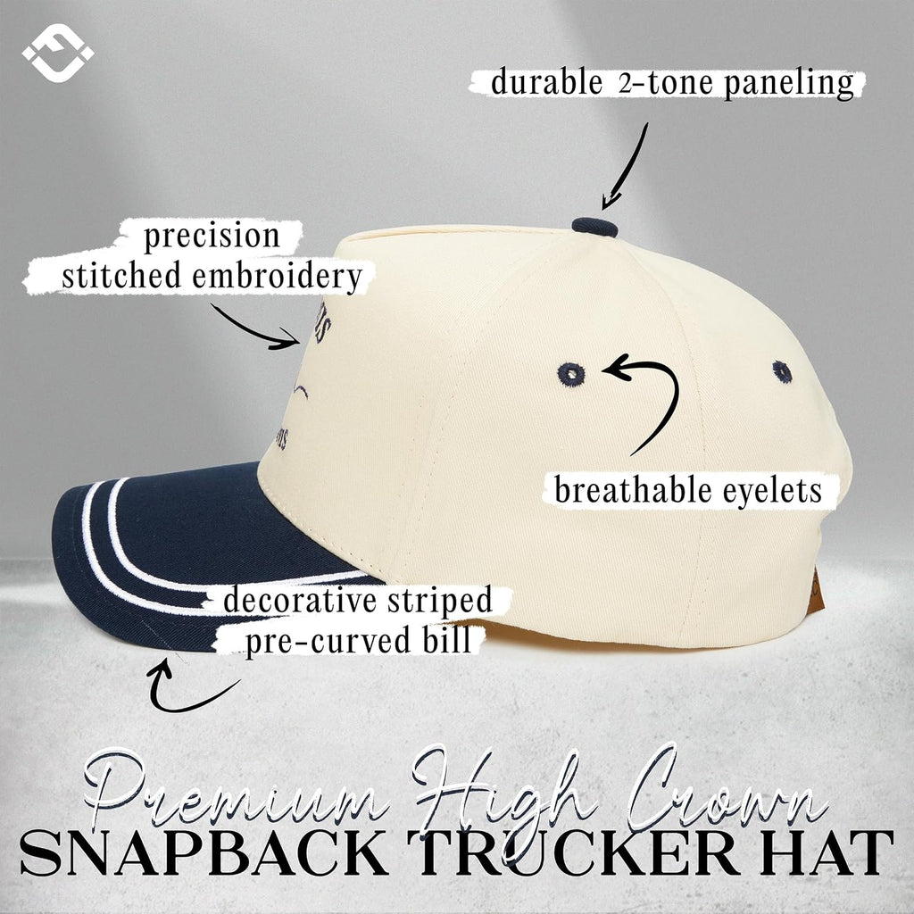Funky Junque Trucker Hats for Women - Funny Retro 2 Tone Snapback Cap with Embroidered Brim, Cute Country Western Style Bikinis and Martinis - Navy/Beige