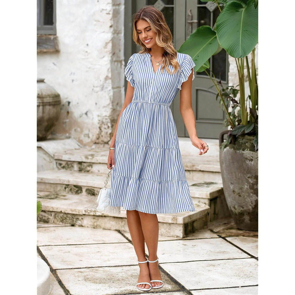 Glamaker Floral Tiered Midi Sundress Casual Summer V Neck Flutter Sleeve Striped Sun Dress With Pockets