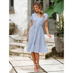 Glamaker Floral Tiered Midi Sundress Casual Summer V Neck Flutter Sleeve Striped Sun Dress With Pockets