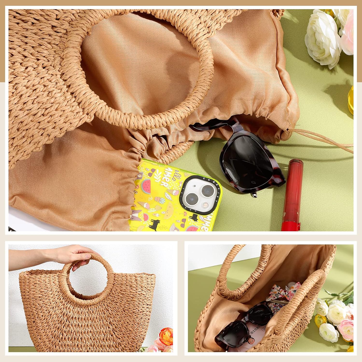Frienda Straw Tote Bag Summer Beach Bag Handmade Straw Rattan Woven Handbag For Women Travel