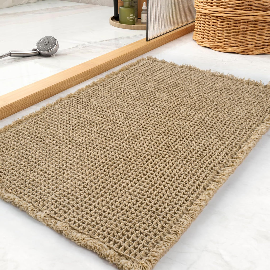 Waffle Bath Mat Rug, Super Absorbent Non Slip Bath Mats Ultra Soft Bathmat Machine Washable Bathroom Rugs With Tassels, Bath Rugs For Bathroom Floor Beside Tub, 17" X 24", Brown