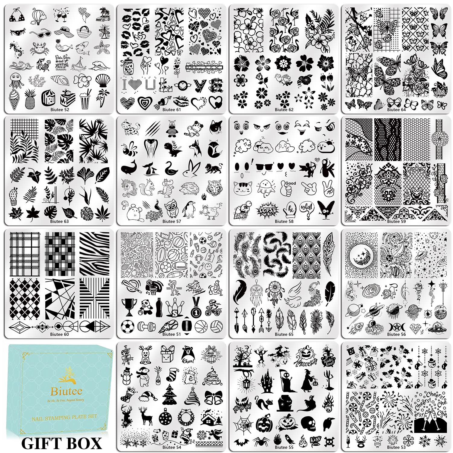 Biutee Nail Stamping Plates Set 15PCS Nail Stamping Kit with Nail Art Stamper & Scraper Nail Stamp Template Kit Lace Flower Butterfly Animal Pattern Nail Art Stencils for Manicure Salon Home DIY