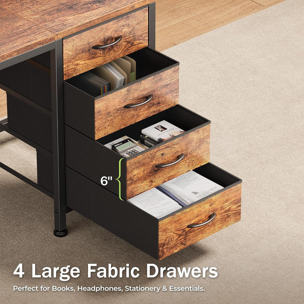 55.1 Inch Computer Office Desk With Power Outelts And Usb-C Port, Reversible Gaming Desk With 4 Fabric Drawers, Work Study Desk Work From Home, Rustic Brown