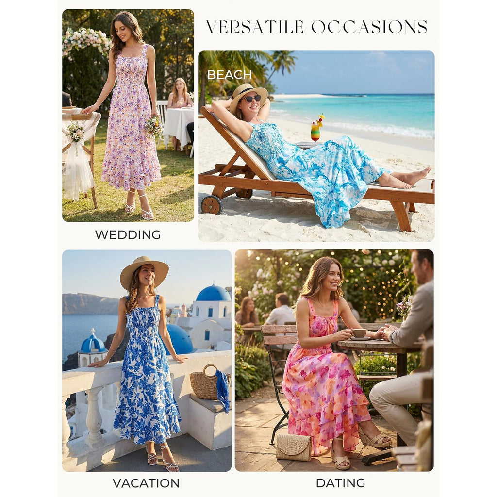 Grace Karin Women'S 2026 Summer Floral Boho Dress Square Neck Strapped Swing A Line Sundress Beach Long Maxi Outfits