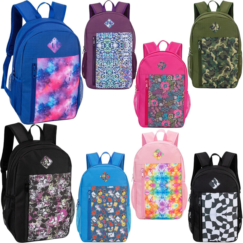 24 Pack 19" Bulk Padded Back Backpacks For Kids Bookbags, 8 Prints | Wholesale School Bags For Middle & High Students, 8 Assorted Prints, Heavy Duty Bags For Charity Giveaways & Supplies