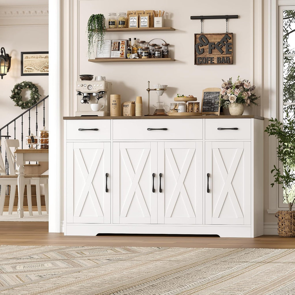 Hostack Kitchen Buffet Sideboard Storage Cabinet, Coffee Bar Cabinet, White | 55"W Farmhouse Kitchen Cabinet With Doors And Adjustable Shelves, Buffet Cabinet With 3 Large Drawers For Dining Living Room
