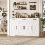 Hostack Kitchen Buffet Sideboard Storage Cabinet, Coffee Bar Cabinet, White | 55"W Farmhouse Kitchen Cabinet With Doors And Adjustable Shelves, Buffet Cabinet With 3 Large Drawers For Dining Living Room