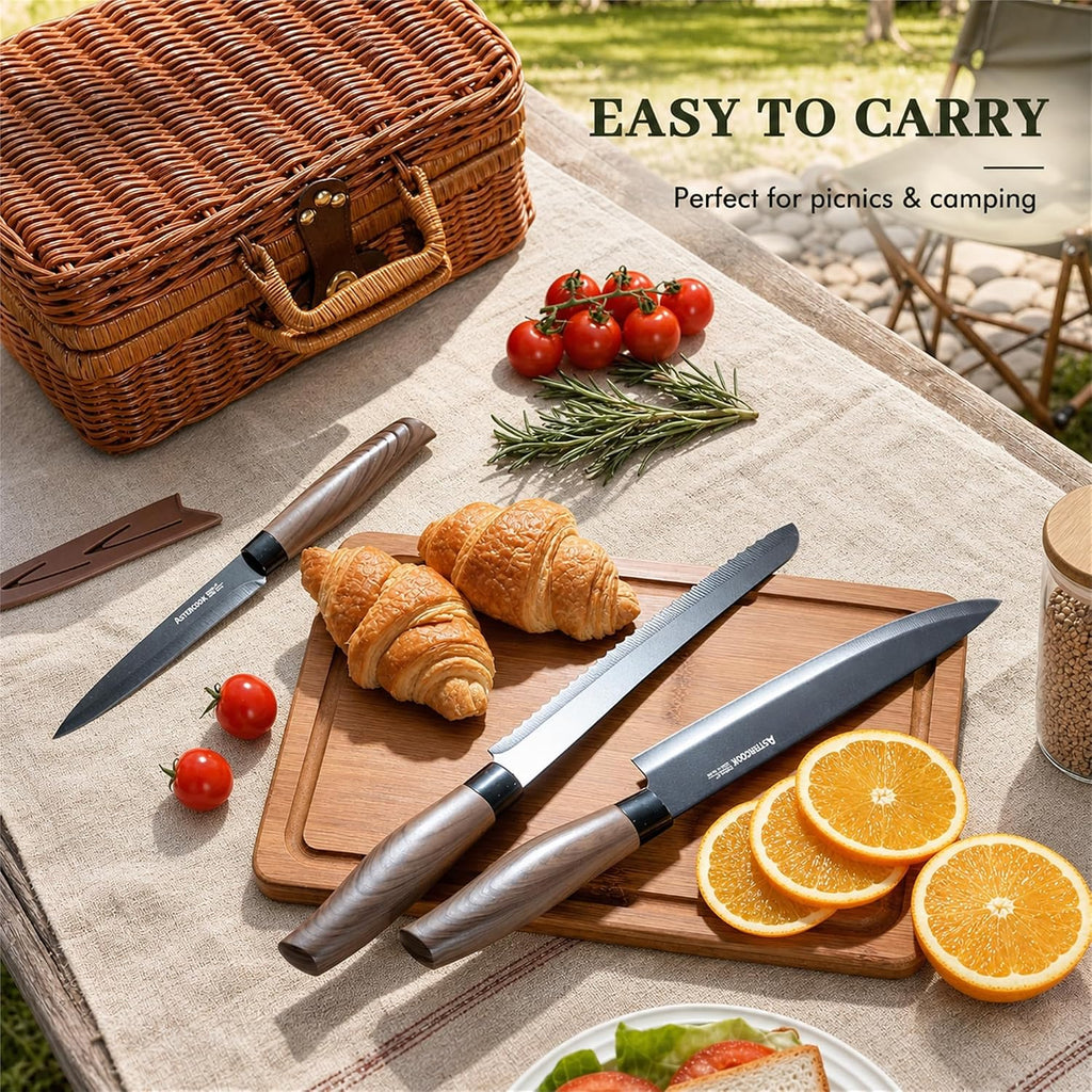 Astercook Knife Set, 13-Piece Kitchen Knives Set With 6 Blade Guards, Black Anti-Rust & Non-Stick Coating, Dishwasher Safe Stainless Steel Knives, Ergonomic Handle, Perfect For Holiday Gifts