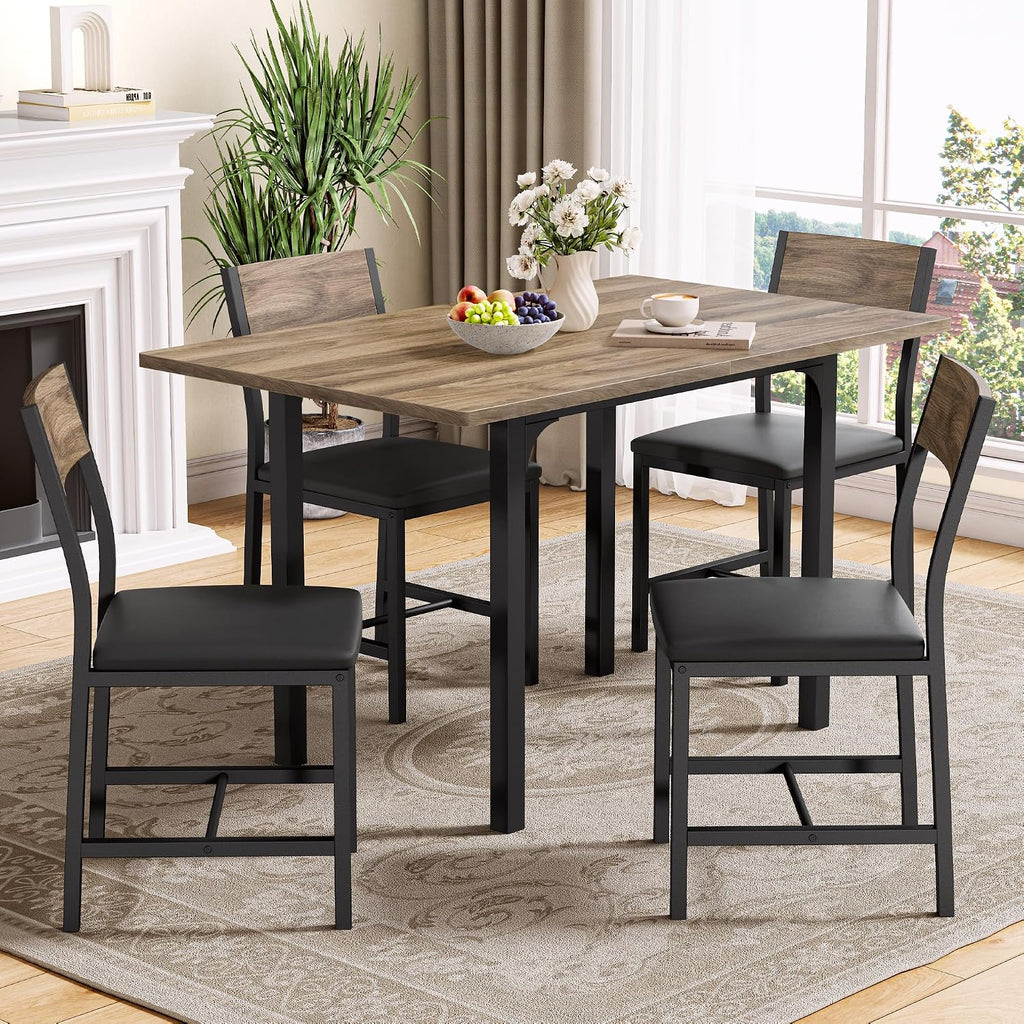 Ironck 5-Piece Dining Table Set For 4, Extendable Kitchen Table Chairs Set Of 4, Dining Room Table With 4 Upholstered Chairs, Folding For Small Space, Apartment, Walnut