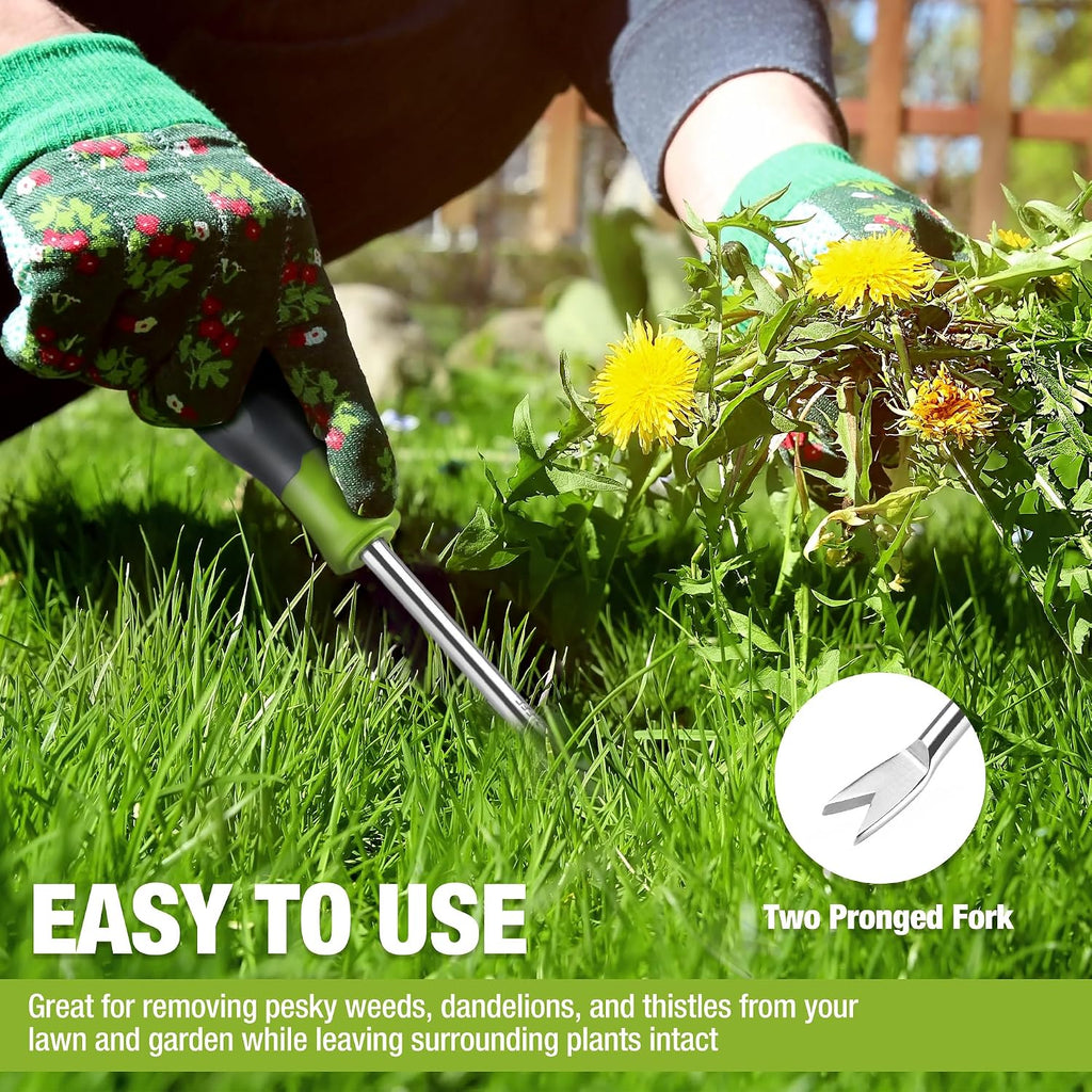 Workpro 11.5" Dandelion Weeder Puller Tool With Soft Handle | Polished Stainless Steel Garden Weed Remover Tool, Two-Pronged Fork Weeder Tool For Lawn Farmland Transplant Gardening