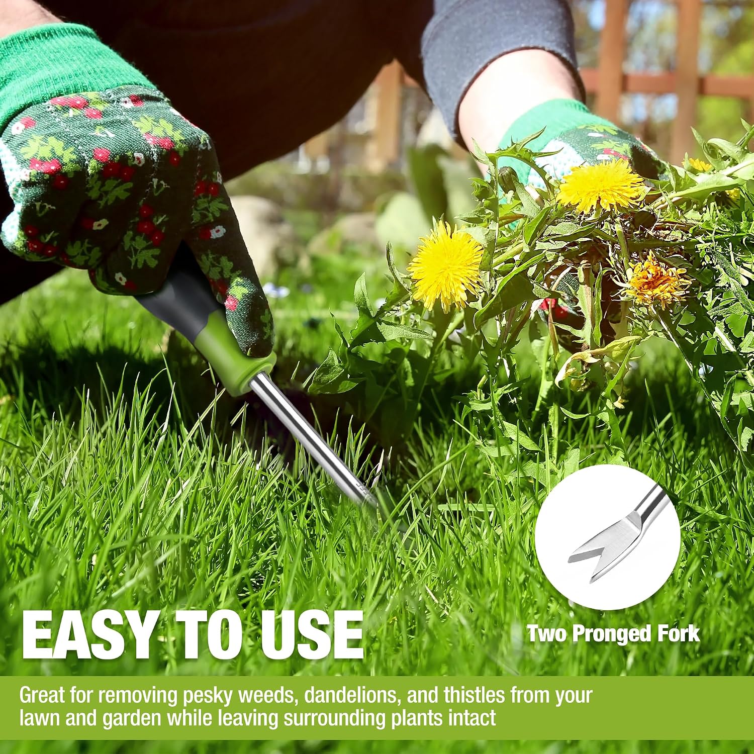 Workpro 11.5" Dandelion Weeder Puller Tool With Soft Handle | Polished Stainless Steel Garden Weed Remover Tool, Two-Pronged Fork Weeder Tool For Lawn Farmland Transplant Gardening