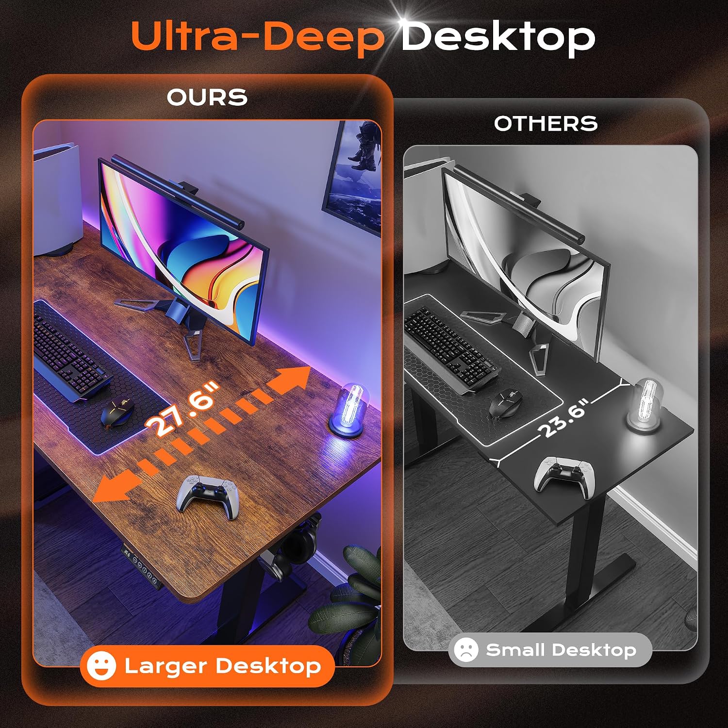 Huuger 55 X 28 Large Electric Standing Desk, Height Adjustable Computer Desk, 27.6" Deep Desktop, Stand Up Gaming Office Desk With 2 Hooks, 3 Preset Heights, For Home Office, Rustic Brown
