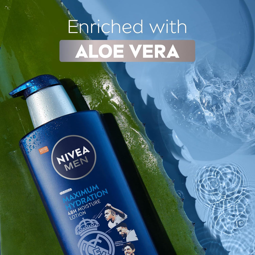 Nivea Men Real Madrid Limited Edition Design Maximum Hydration 48-Hour Moisture Body Lotion For Dry Skin, Aloe Vera Lotion For Men, 3-In-1 Body, Face And Hands, 16.9 Fl Oz Bottle
