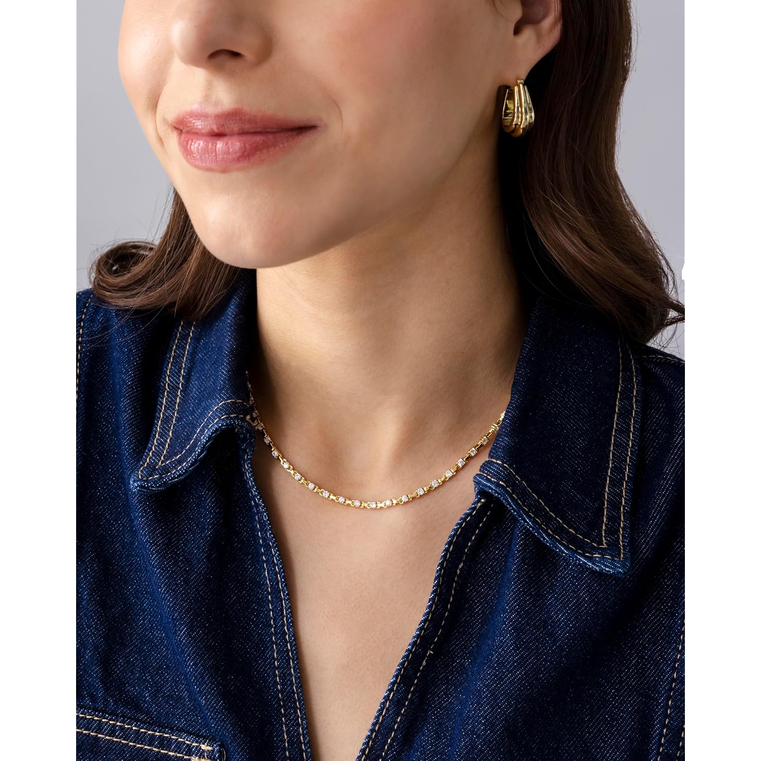 PAVOI 14K Gold Plated Simulated Diamond Tennis Necklaces for Women - Classic Tennis Chain - Timeless Station Round and Pear Cubic Zirconia Stones Choker Necklace