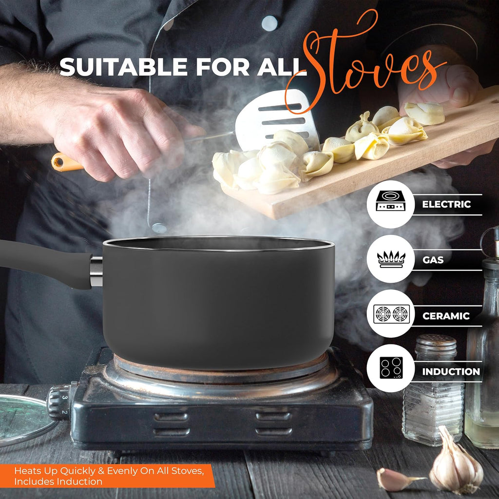 Utopia Kitchen 2 Quart Detachable Handle Nonstick Saucepan With Glass Lid, Multipurpose Use For Home, Kitchen Or Restaurant, Grey & Black