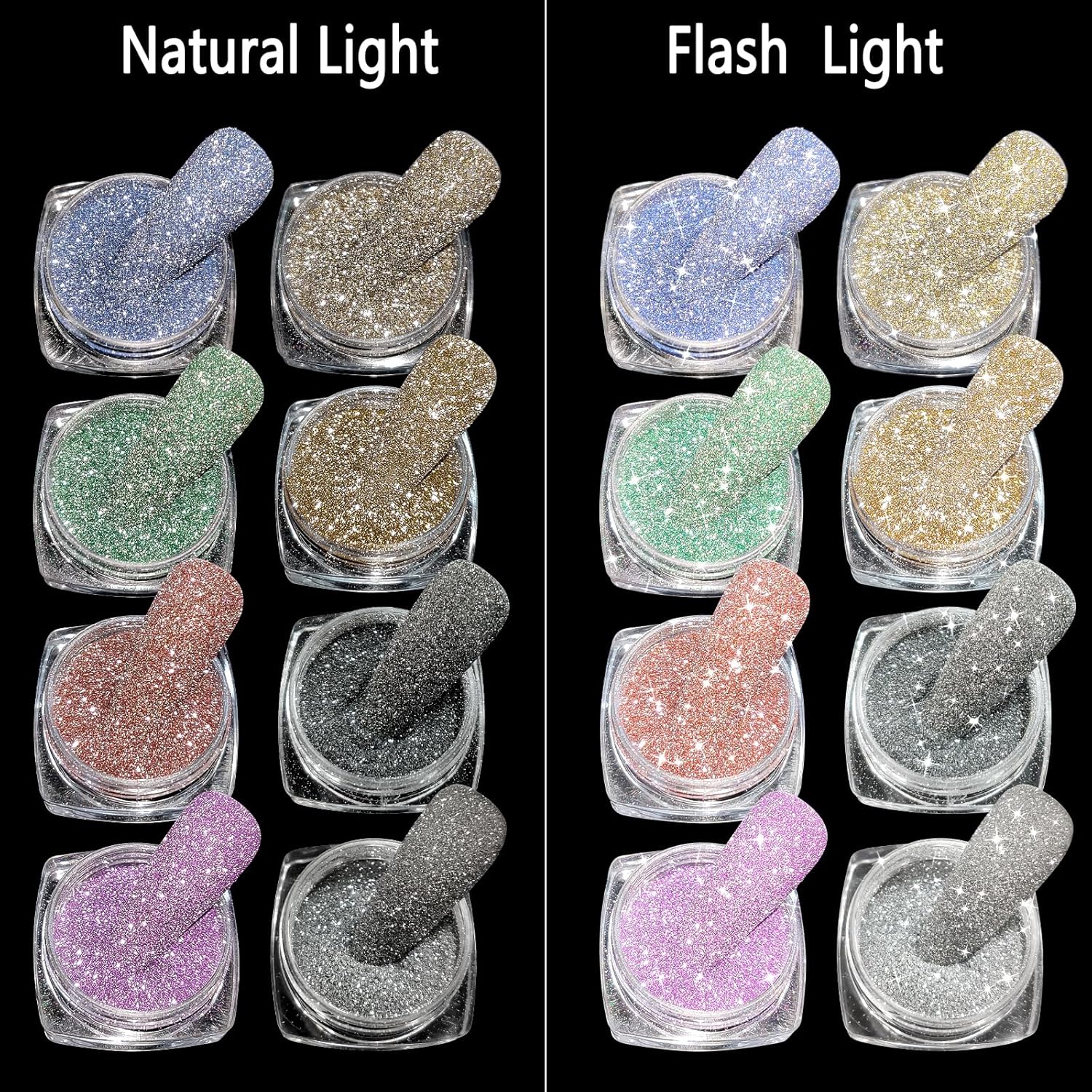 Laza 8 Colors Korea Diamond Nail Powder Sparkling Crystal Glitter Holographic Nail Glitter Dust Laser Silver Mirror Effect Bright Shining Flakes for Acrylic Nails Polish Nail Art DIY Decoration