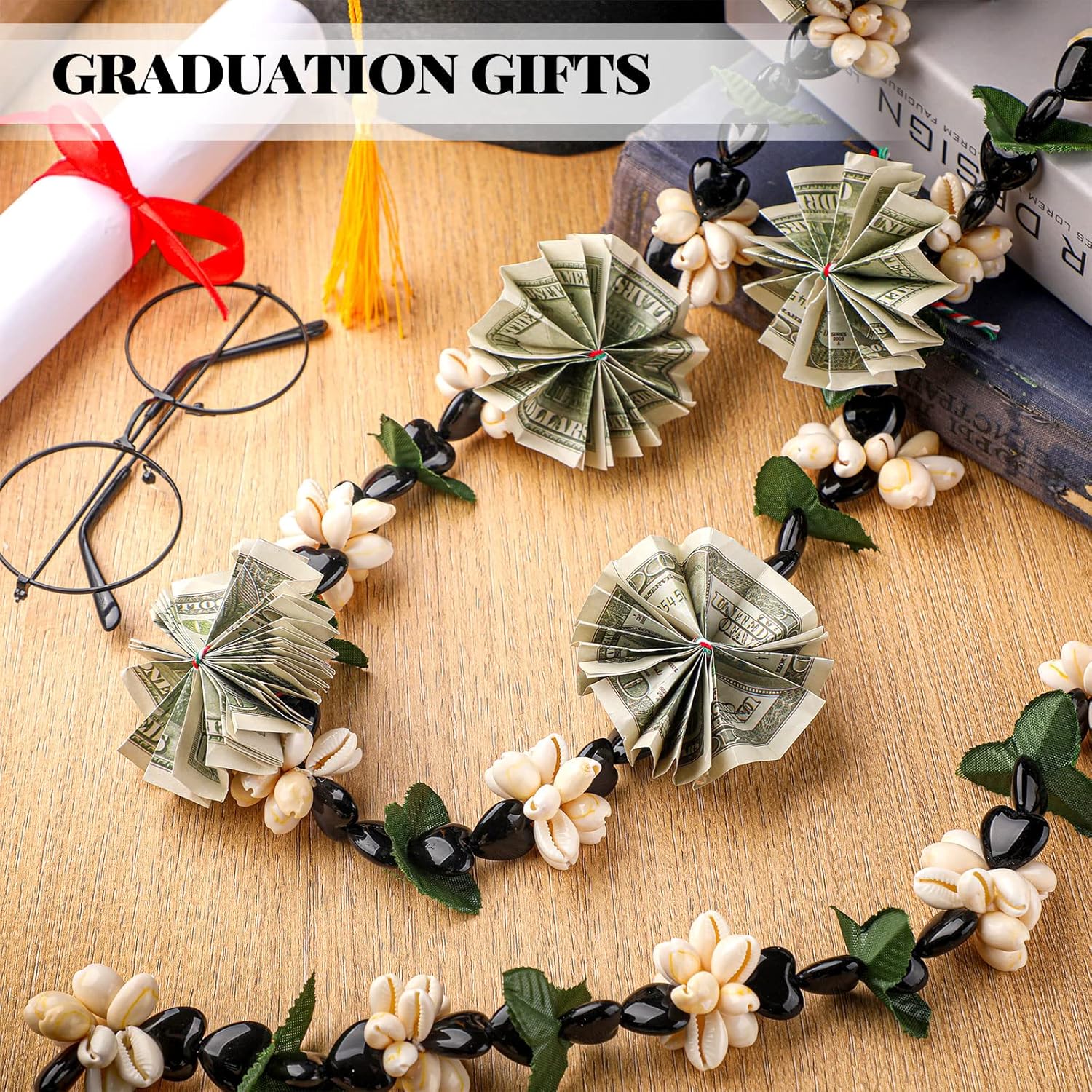 Rtteri Graduation Kukui Nuts Lei Hawaiian Leis with Cowrie Shell Faux Leaf 32'' Adjustable Luau Party Accessories for Men Women