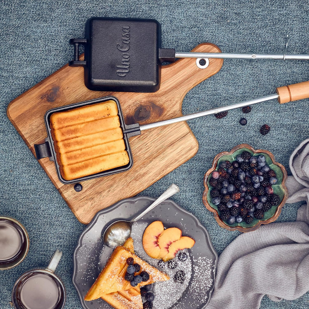 Uno Casa Pie Iron Sandwich Maker - Cast Iron Sandwich Maker With Recipe Book | Pudgy Pie Maker With Handle Extension | Heavy Duty Cast Iron For Outdoor And Camping Adventures