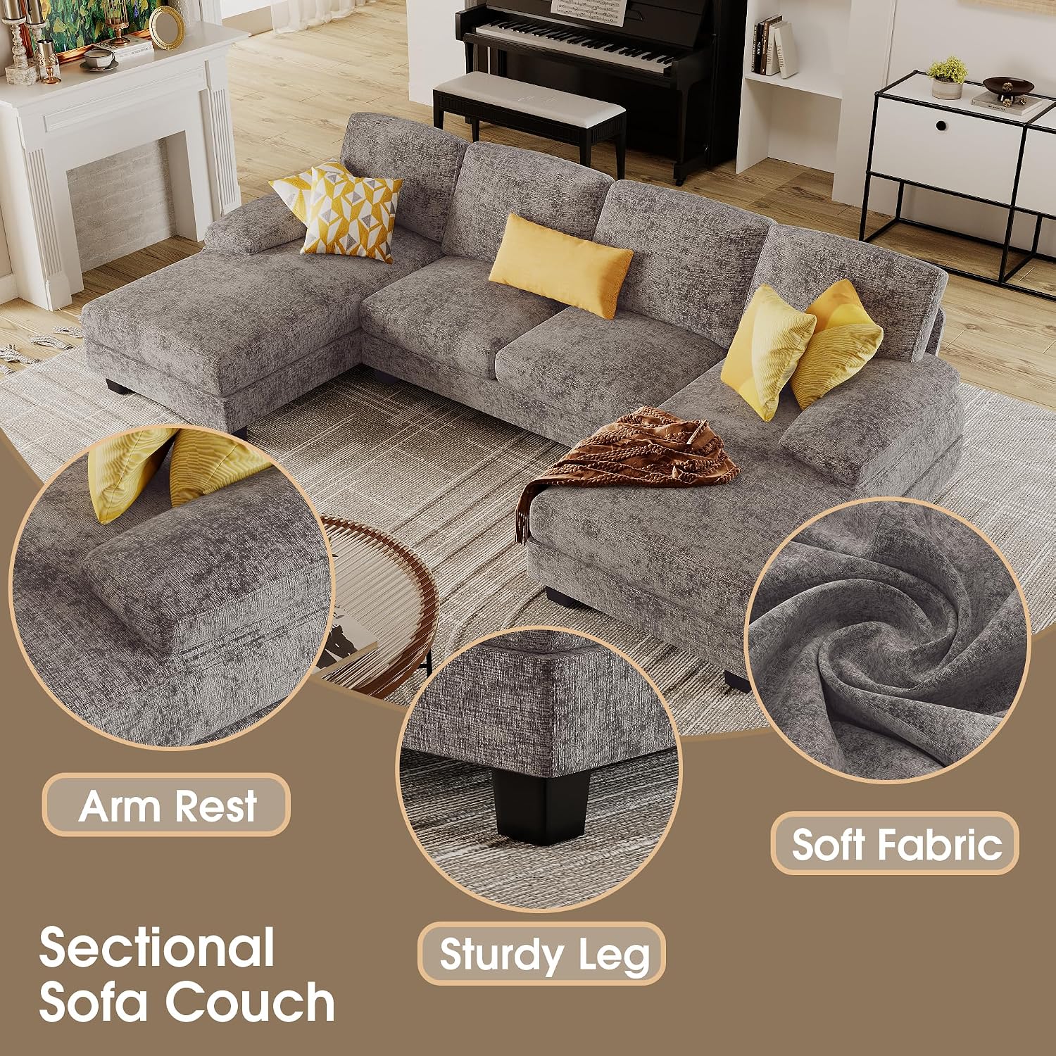 Furmax Sectional Couches For Living Room, U-Shaped Sofa Couch With Linen Fabric, 4 Seat Sofa Set With Double Chaise For Apartment (Chenille, Grey)