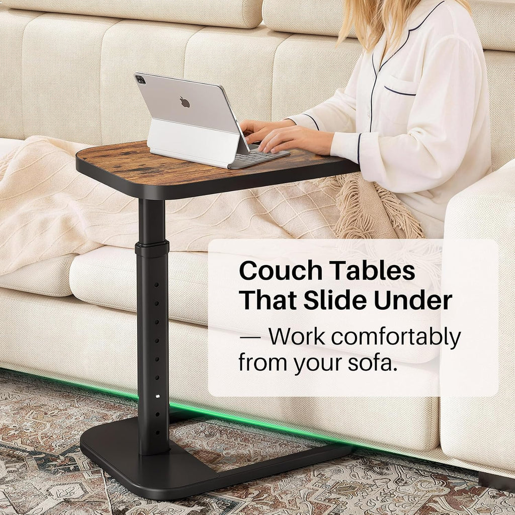 Kitstorack Adjustable Height C-Shaped End Table, 9-Level Side Table With Thickened Metal Rounded Edge, Couch Table Slides Under Sofa Or Bed, Eating, Working, Tv Tray Table For Small Spaces, Brown