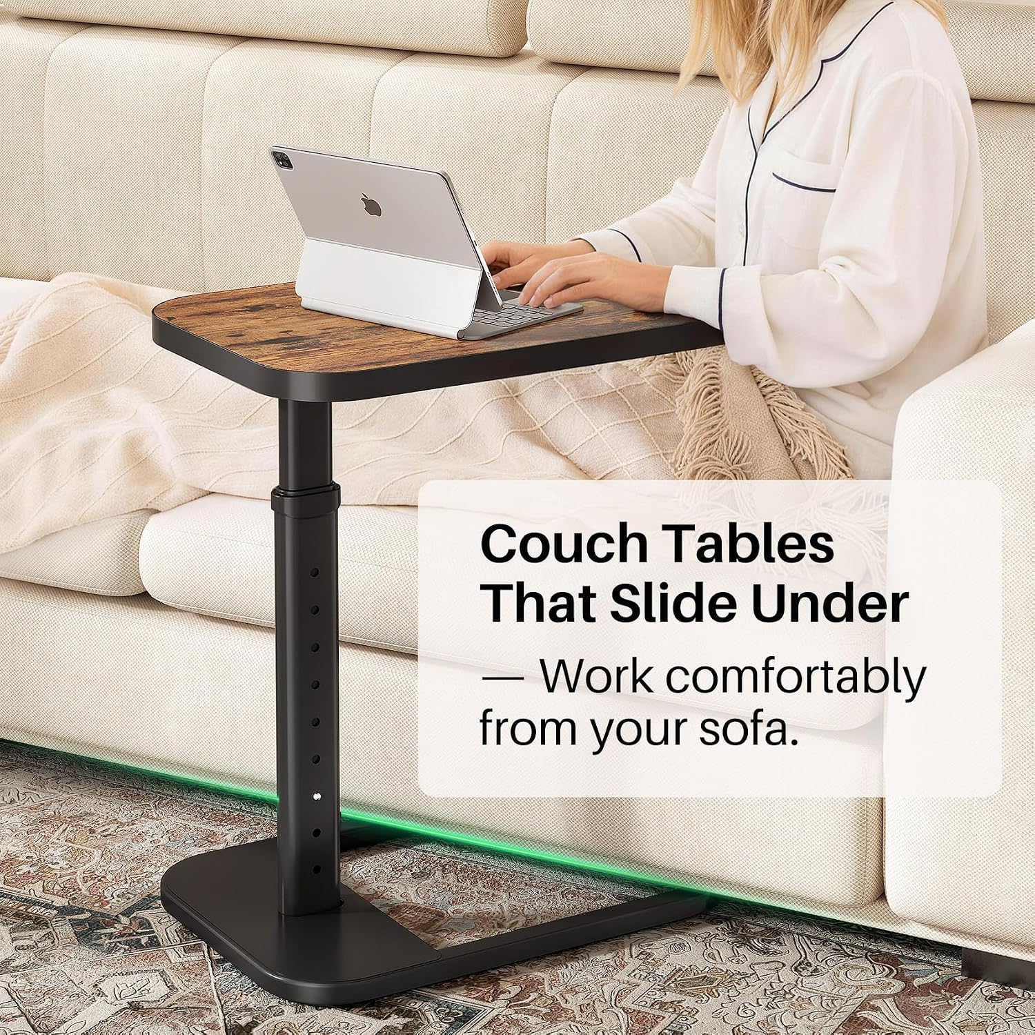 Kitstorack Adjustable Height C-Shaped End Table, 9-Level Side Table With Thickened Metal Rounded Edge, Couch Table Slides Under Sofa Or Bed, Eating, Working, Tv Tray Table For Small Spaces, Brown