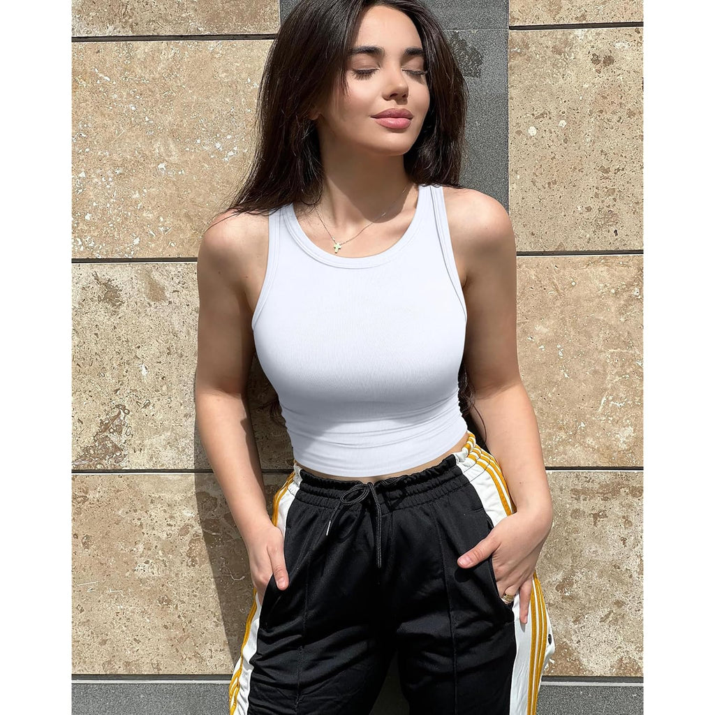Oqq Women'S 2 Piece Tank Tops Crew Neck Sleeveless Basic Stretch Casusal Yoga Crop Camis
