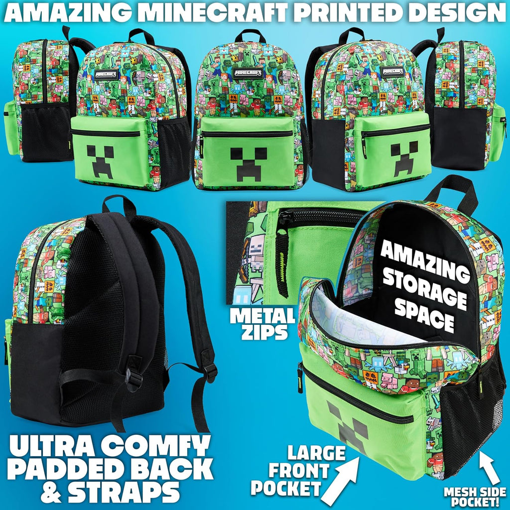 Minecraft Boys Backpack 5 Pc Gift Set, Creeper School Bookbag, Lunch Bag, Water Bottle, Keychain And Lanyard (Green Aop)