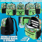 Minecraft Boys Backpack 5 Pc Gift Set, Creeper School Bookbag, Lunch Bag, Water Bottle, Keychain And Lanyard (Green Aop)